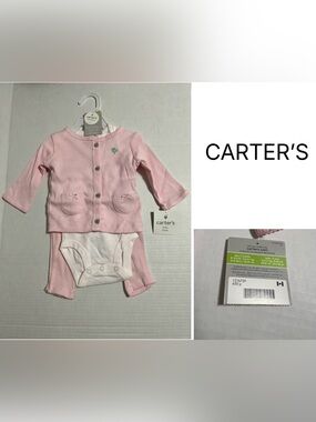 🆕CARTER’S - 3M - NWT - 3PC - INFANT GIRLS PINK BIRD CARDIGAN SET